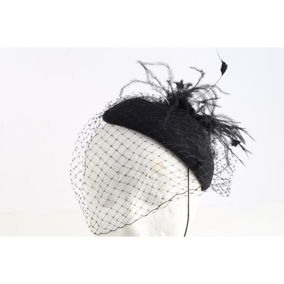 Vintage Black Cocktail Pillbox Fascinator Hat With Birdcage Veil & Feather main image 10